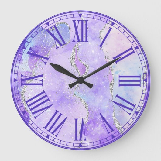 Pastel Paars & Witte Nep Zilver Glitter Agate Grote Klok (Voorkant)
