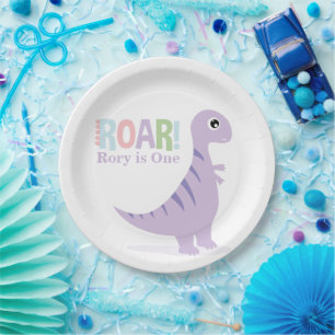 Pastel Paarse Baby Dinosaurussen Roar Verjaardagsf Papieren Bordje