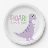 Pastel Paarse Baby Dinosaurussen Roar Verjaardagsf Papieren Bordje (Voorkant)