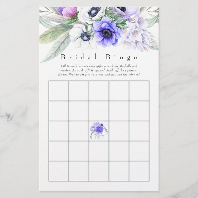 Pastel Paarse Bloemachtige Bruiloftsshower Bingo (Voorkant)