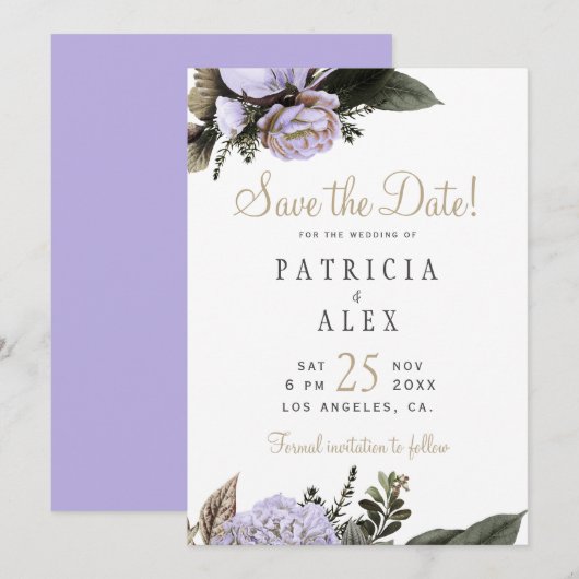 Pastel paarse bloemen elegante bruiloft save the d date (Voorkant / Achterkant)