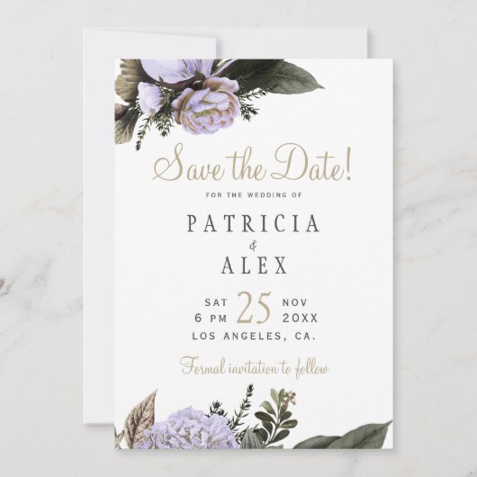 Pastel paarse bloemen elegante bruiloft save the d save the date (Voorkant)
