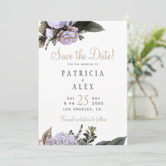 Pastel paarse bloemen elegante bruiloft save the d save the date (Staand voorkant)