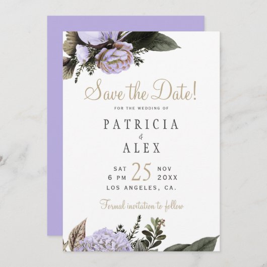 Pastel paarse bloemen elegante bruiloft save the d save the date (Voorkant / Achterkant)