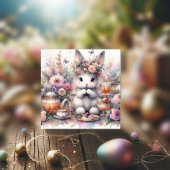 Pastel Paarse Bloemen Fantasy Konijnenthee Pasen Feestdagenkaart