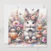 Pastel Paarse Bloemen Fantasy Konijnenthee Pasen Feestdagenkaart (Voorkant)