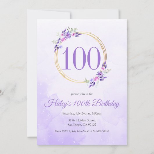 Pastel Paarse Bloemen Gouden Krans 100e Verjaardag Kaart (Voorkant)