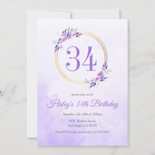 Pastel Paarse Bloemen Gouden Krans 34e Verjaardag Kaart (Voorkant)