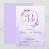 Pastel Paarse Bloemen Gouden Krans 34e Verjaardag Kaart (Voorkant / Achterkant)