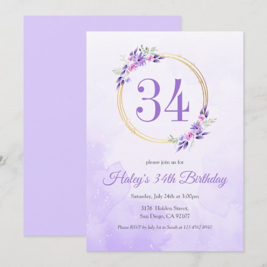 Pastel Paarse Bloemen Gouden Krans 34e Verjaardag Kaart (Voorkant / Achterkant)