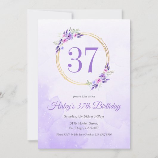 Pastel Paarse Bloemen Gouden Krans 37e Verjaardag Kaart (Voorkant)