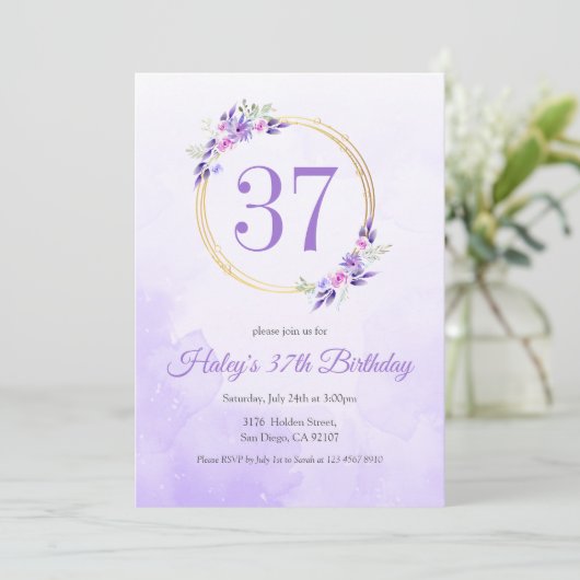 Pastel Paarse Bloemen Gouden Krans 37e Verjaardag Kaart (Staand voorkant)