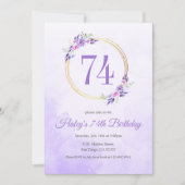 Pastel Paarse Bloemen Gouden Krans 74e Verjaardag Kaart (Voorkant)