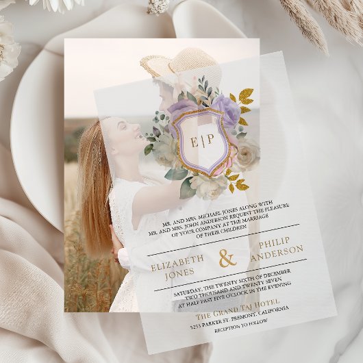 Pastel Paarse Bloemen Monogram Kreeft Trouwen Vellum Uitnodigingen