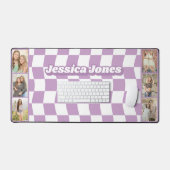 Pastel Paarse Checkerboard Leuke Naam Fotocollage Bureaumat (Keyboard & Muis)