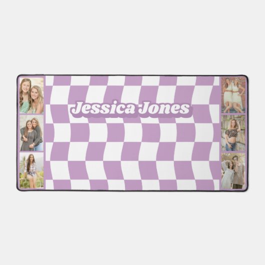 Pastel Paarse Checkerboard Leuke Naam Fotocollage Bureaumat (Voorkant)