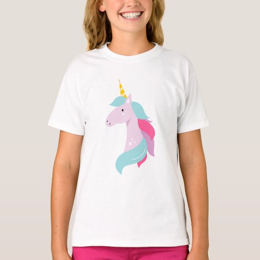 Pastel Paarse Eenhoorn Hoofd, Roze en Blauw Haar T-shirt (Voorkant)