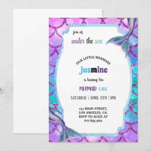 pastel paarse en blauwe zeemeermin verjaardagsfees kaart (Voorkant / Achterkant)