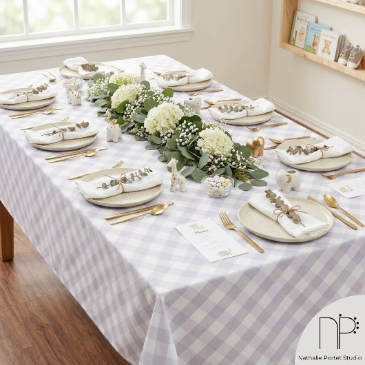 Pastel paarse en grijze gingham tafelkleed