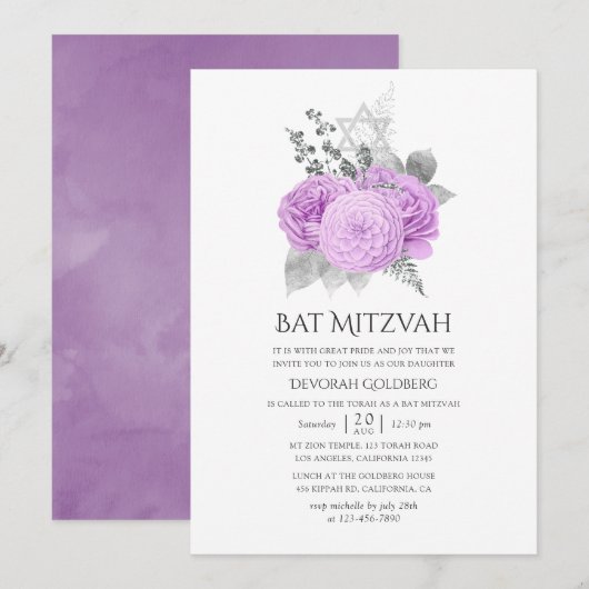 Pastel Paarse en Zilveren  Roos Bat Mitzvah Kaart (Voorkant / Achterkant)