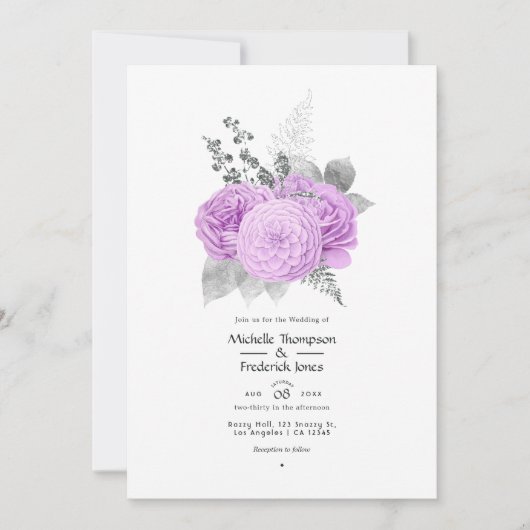 Pastel Paarse en Zilveren  Roos Bruiloft Kaart (Voorkant)
