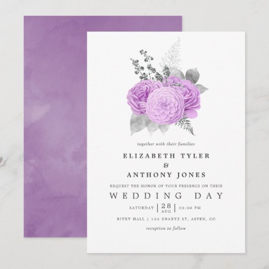Pastel Paarse en Zilveren  Roos Bruiloft Kaart (Voorkant / Achterkant)