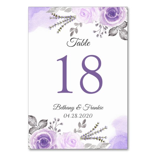 Pastel Paarse Floral Wedding Table Number Kaart (Voorkant)