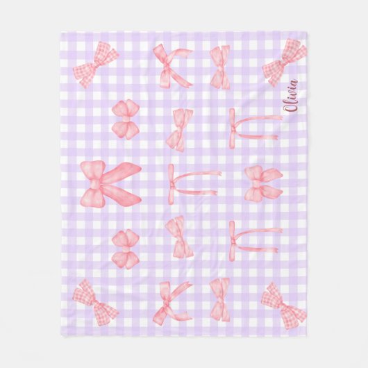 Pastel Paarse Gingham & Roze Bow Fleece Deken (Voorkant)