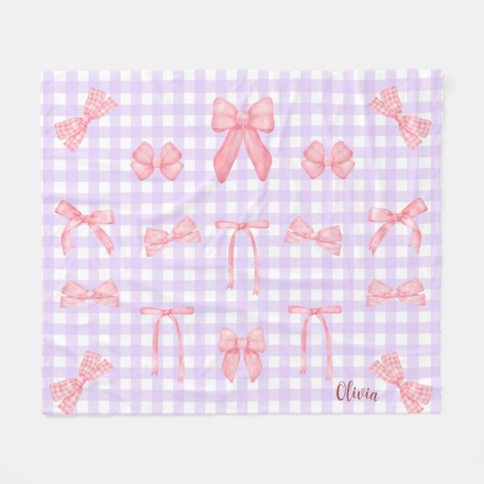 Pastel Paarse Gingham & Roze Bow Fleece Deken (Voorkant (Horizontaal))