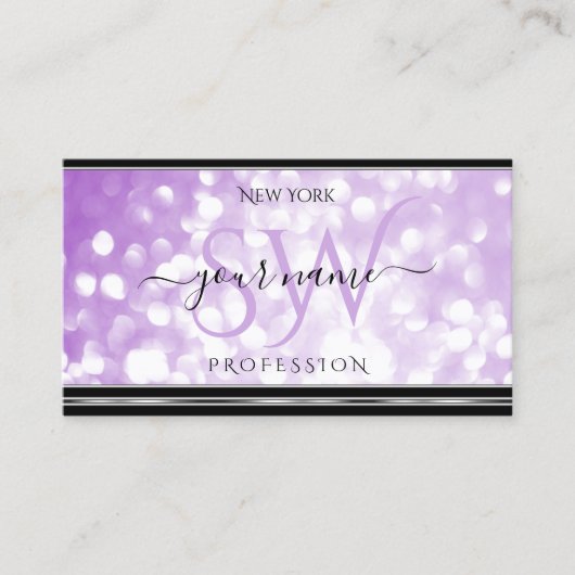 Pastel Paarse Glitter Initialen Black Silver Lila Visitekaartje (Voorkant)