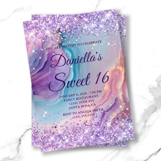 Pastel Paarse glitterblauw roze agaat Sweet 16 Kaart