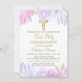 Pastel Paarse Gouden Bloem Eerste Heilige Communie Kaart (Voorkant)