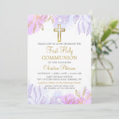 Pastel Paarse Gouden Bloem Eerste Heilige Communie Kaart (Staand voorkant)