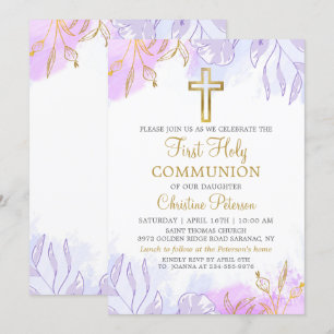 Pastel Paarse Gouden Bloem Eerste Heilige Communie Kaart