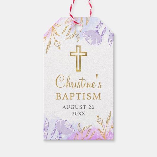 Pastel Paarse Gouden Bloemendoop Dank u Cadeaulabel (Voorkant)