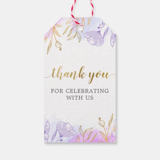 Pastel Paarse Gouden Bloemendoop Dank u Cadeaulabel (Achterkant)
