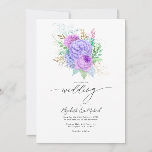 Pastel Paarse & Groene Bloemen Lente Trouwfoto Kaart (Voorkant)