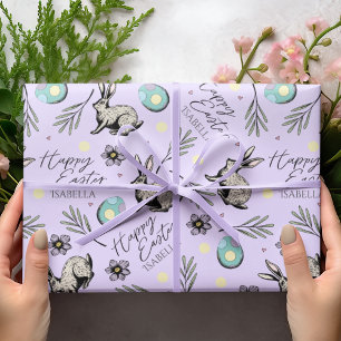 Pastel Paarse Happy Easter Bunnies Cadeaupapier
