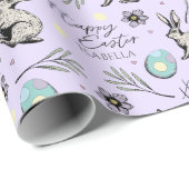Pastel Paarse Happy Easter Bunnies Cadeaupapier (Rol Hoek)