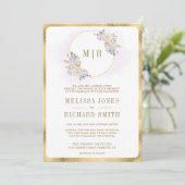 Pastel Paarse Ivoor Floral Gold All in One Wedding Kaart (Staand voorkant)