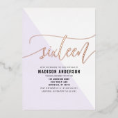 Pastel Paarse kleur Block Sweet 16 Verjaardagsfees Folie Uitnodiging (Voorkant)