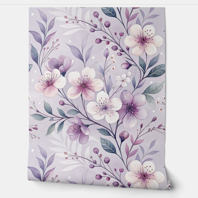 Pastel Paarse kleur Bloempatroon Behang (Afrollen)