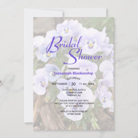 Pastel Paarse Pansies Foto Vrijgezellenfeest Sjabl Kaart (Voorkant)