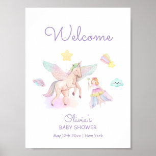 Pastel Paarse Princess Unicorn Baby shower Welkom Poster
