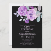 Pastel Paarse Roos Bloemen Zwart 50ste Verjaardag Kaart (Voorkant)