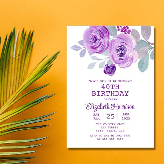 Pastel Paarse Roos Bloemengroen 40e Verjaardag Kaart