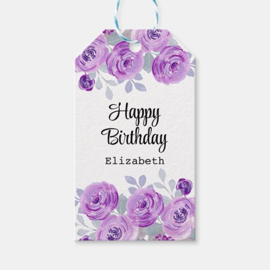 Pastel Paarse Roos Bloemengroen Happy Birthday Cadeaulabel (Voorkant)
