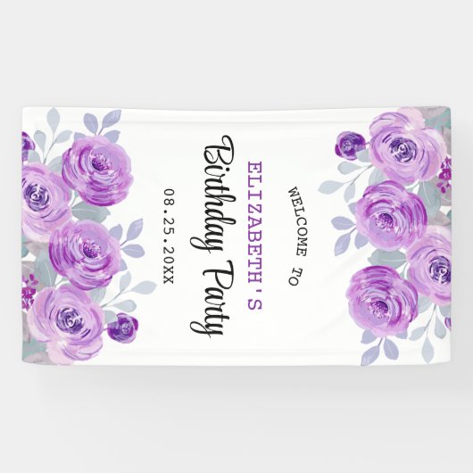 Pastel Paarse Roos groen Verjaardag Welkom Spandoek (Horizontaal)