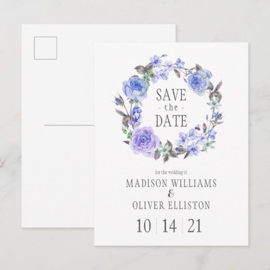 Pastel Paarse Waterverf Floral | Datum opslaan Briefkaart (Voorkant / Achterkant)