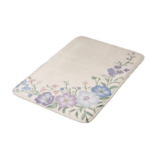 Pastel Paarse, Witte & Blauwe Botanische Bloemprin Badmat (Gekanteld)